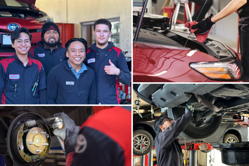 A collage of automotive service technicians working at a Toyota dealership. One photo shows a smiling team of four technicians posing in front of a red Toyota vehicle. Other images depict close-up maintenance activities including checking engine oil, inspecting brakes, and working under a lifted vehicle.