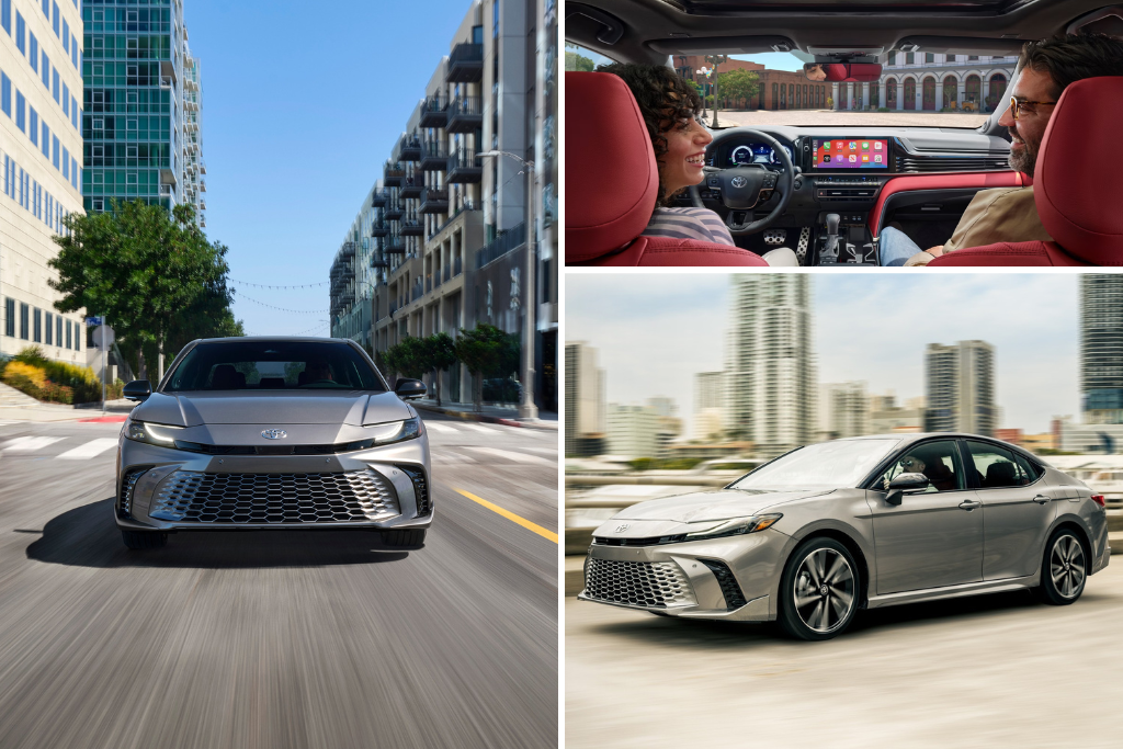 2025 Toyota Camry driving through the city, showcasing sleek design and modern interior.