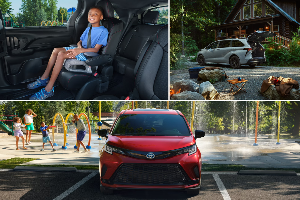 Collage of summer family adventures: A child smiling in a car seat, a Toyota parked at a forest campsite, and a red vehicle near a splash park.