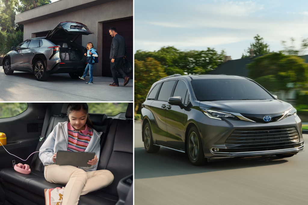 A Toyota SUV and Toyota Sienna minivan showcasing family-friendly features for the back-to-school season in Vallejo, with kids using rear-seat entertainment and ample cargo space.