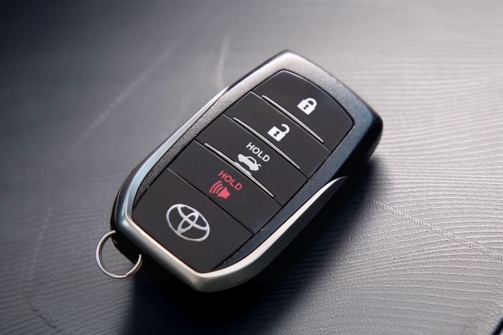 Toyota key fob showing lock, unlock, trunk, and alarm buttons – used in Toyota Vallejo’s guide to key fob battery replacement and new key fobs.